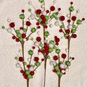 Festive Red and Green Pom Pom Berry Stems